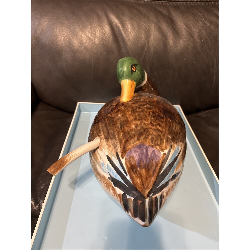 VINTAGE HANDPRINTED IN ITALY LARGE DRAKE MALLARD DUCK SOUP TUREEN OR PUNCH BOWL - Picture 2 of 11